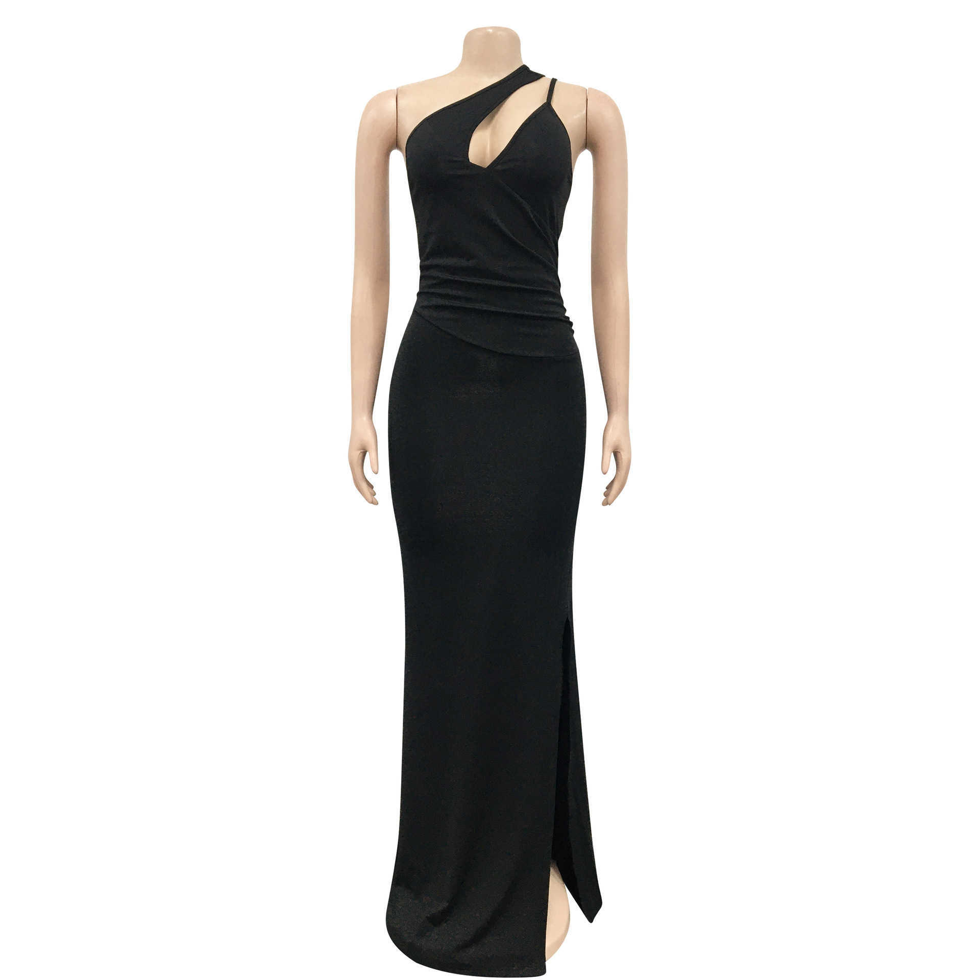 Vestidos informales ANJAMANOR Elegante vestido de noche sexy para mujer Vestidos de fiesta Recorte negro Un hombro sin respaldo Split Vestido largo largo D42-DA33 T230210