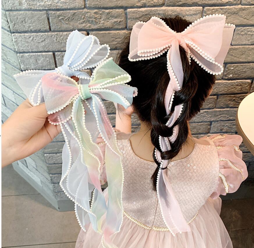 Hair Accessories Women Elegant Pearls Chiffon Ribbon Bow Scrunchie Tie Sweet Decorate Bands Headband Fashion Drop Delivery 2021 Baby Kids