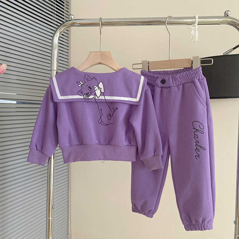 Giyim Setleri Sweatshirt Trailsuit Costum Bahar Sonbahar Çocuklar Kız Fermuar Donanma Yakası Karikatür Günlük Spor Takım Toddler Kız Giysileri Set