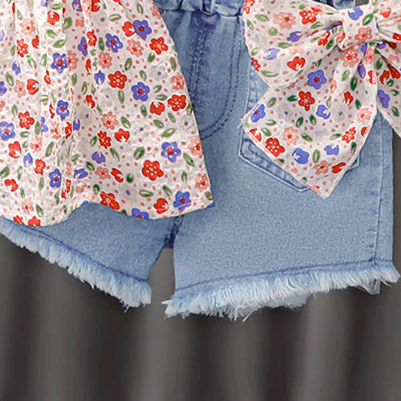 Sommer Baby Mädchen Kleidung Sets Kinder Floral Fliegen Ärmel Weste und Nette Schleife Denim Shorts Outfits Infant Sling Kleidung anzüge Y