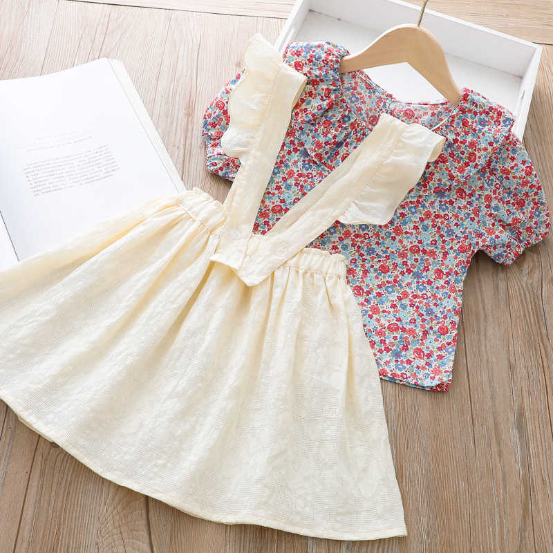 Vêtements d'été nouvelle chemise à revers florale bretelles courtes jupe robe à bretelles costume mode coréenne deux pièces bébé filles vêtements ensembles coton enfants