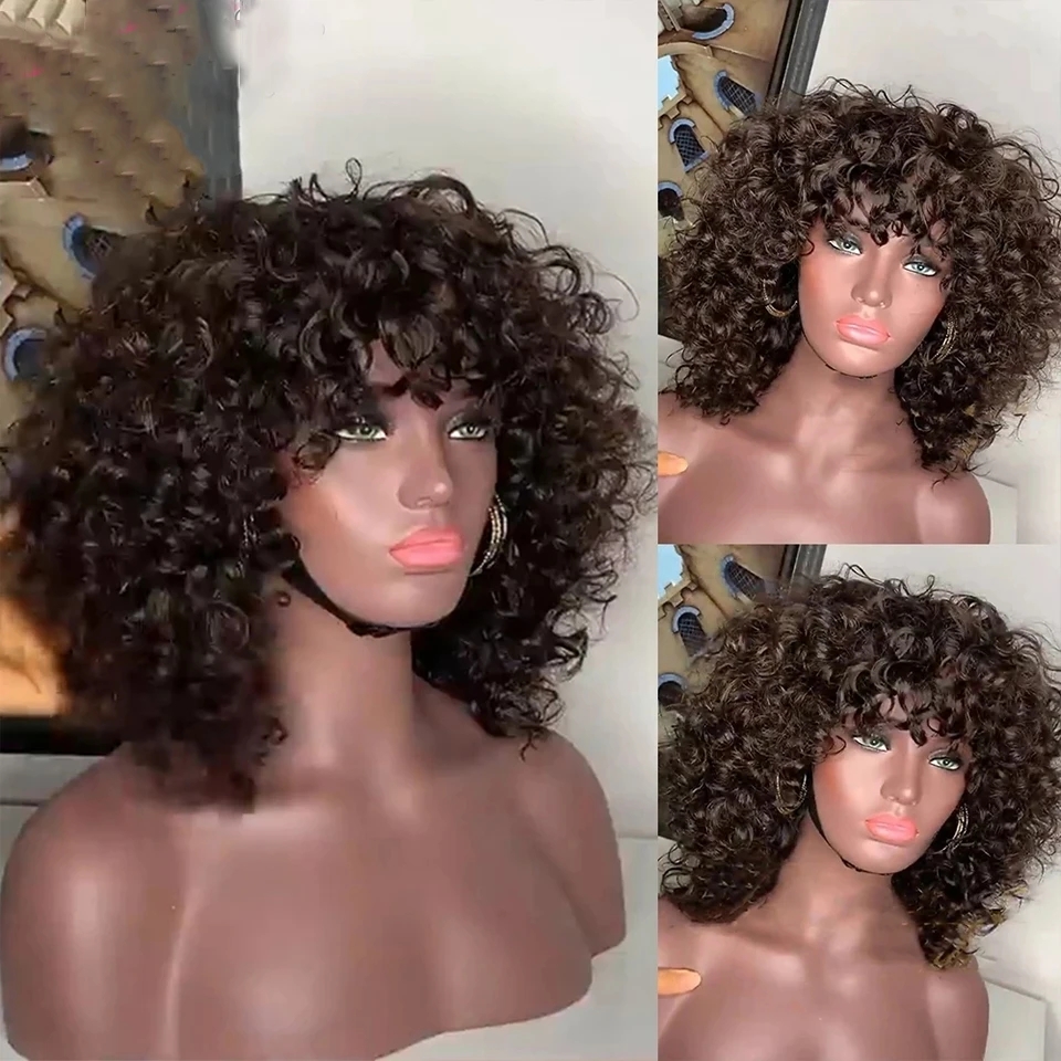 Rose Curly Fumi Human Hair Wig With Bangs Full Machine Made Deep Wave Short Bob For Black Women Water Virgin Brasilian Pixie Cut Hot Bouncy Curls Fluffy Natural Black 1b