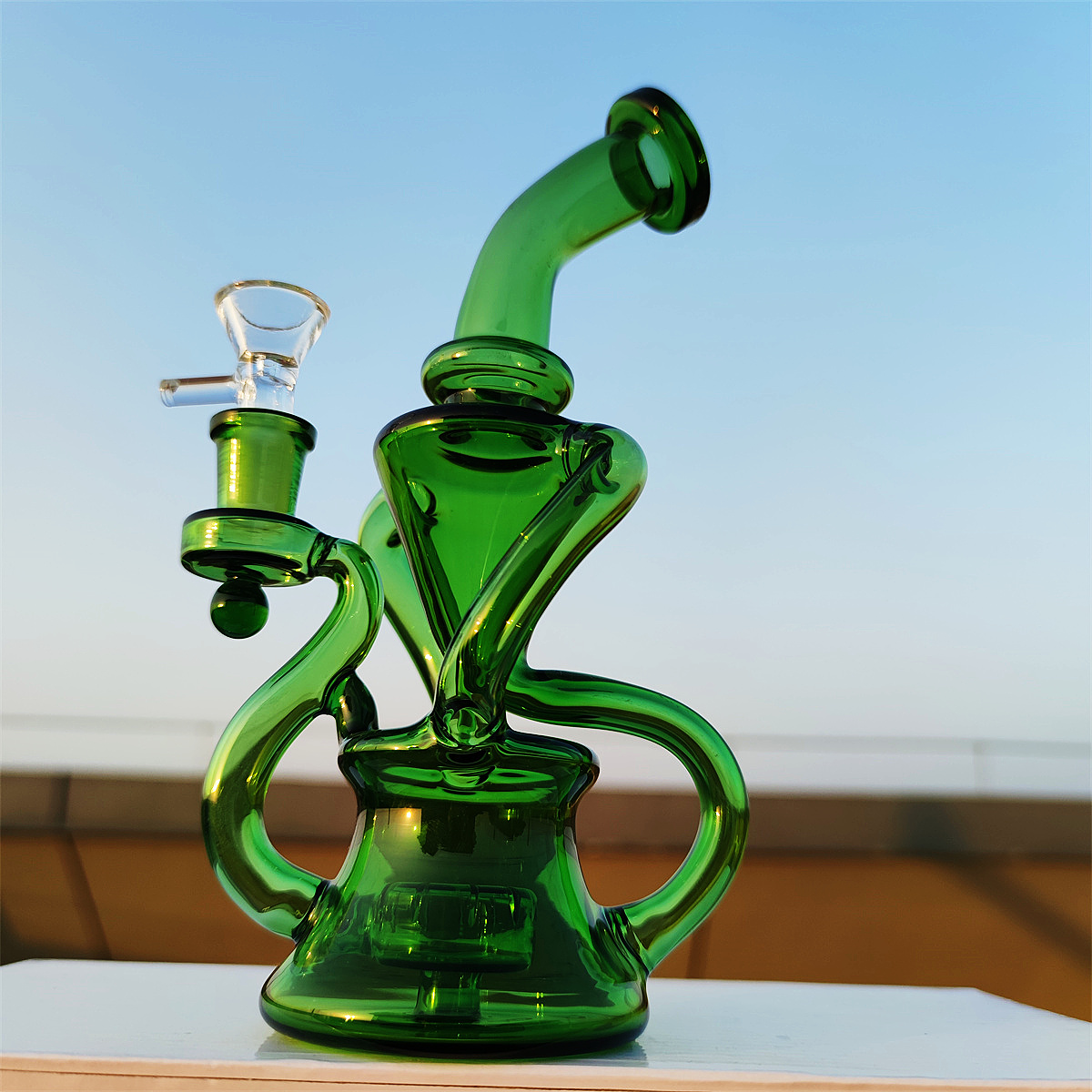 2023 Doppia Camera Heady Bong Verde Metallizzato Narghilè Bong in vetro Dabber Rig Recycler Tubi Bong ad acqua Tubo fumo Giunto femmina da 14,4 mm con ciotola normale