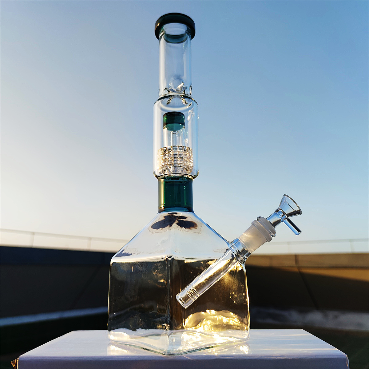 2023 14 Inches Hookah Heady Bong Glass Dab Rig Clear Pure Blue Cube Base Water Bongs Smoke Pipes 14.4mm Female Joint