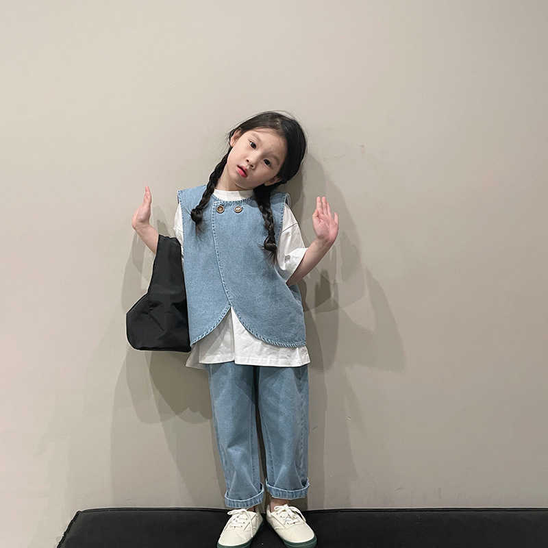 Clothing Sets Korean Casual Suit Spring New Denim Vest White Tshirt Straight Pants Set of Three Kids Clothes Girls