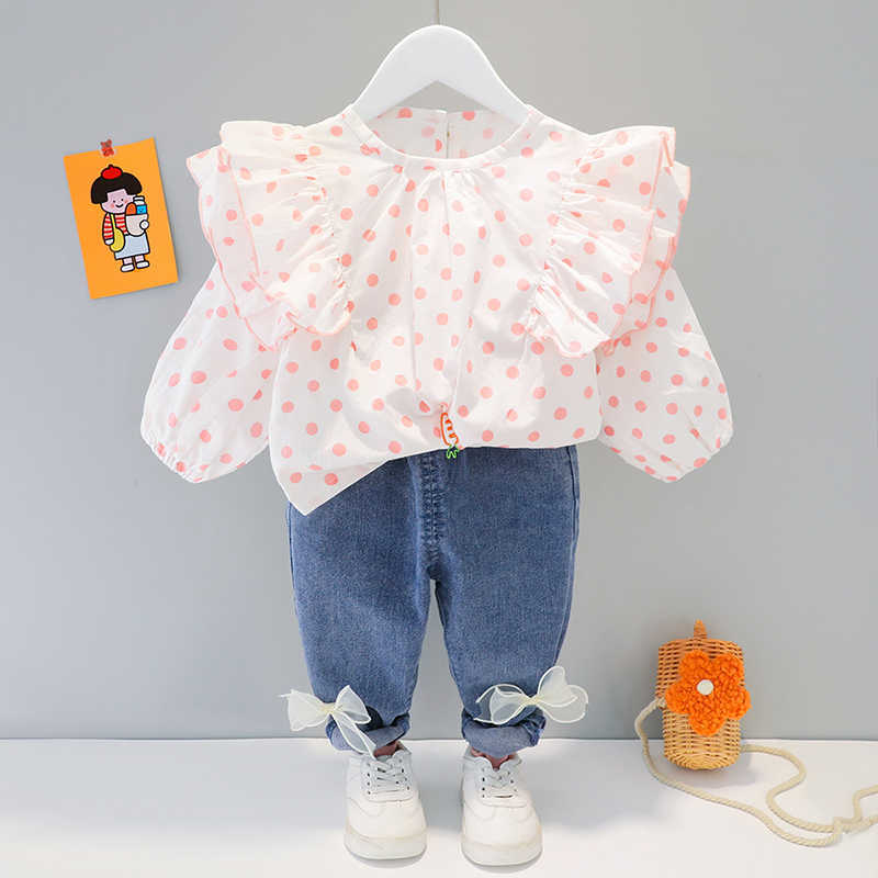 Kläder sätter nya våren babykläder set koreansk stil polka dot topjeans datorer outfit för s lång ärm småbarn flicka falldräkter