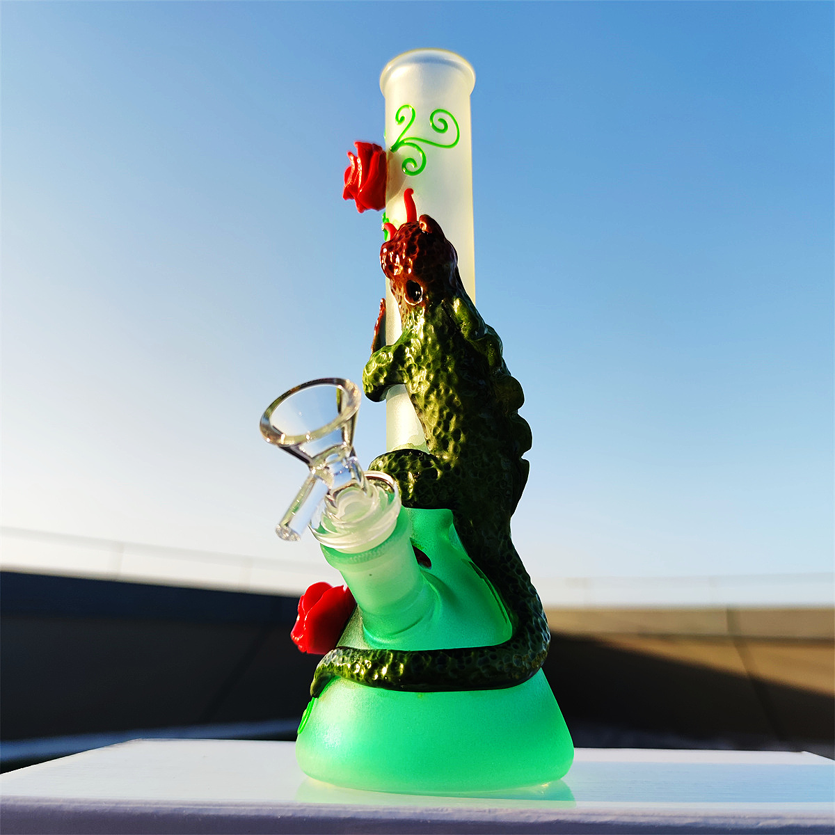 10 Inch Glass Bong Water Pipe 3D Animal Lizard Roses Blue&Purple&Green Dab Rig Hookah Smoking Bubbler 14mm Bowl&Stem