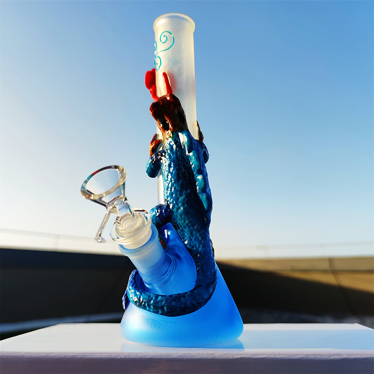 10 tum glas bong vatten r￶r 3d bl￥purplegr￶na lizzard rosor glas bong vatten r￶r dab rigg hookah r￶kare bubbler 14mm sk￥lstem