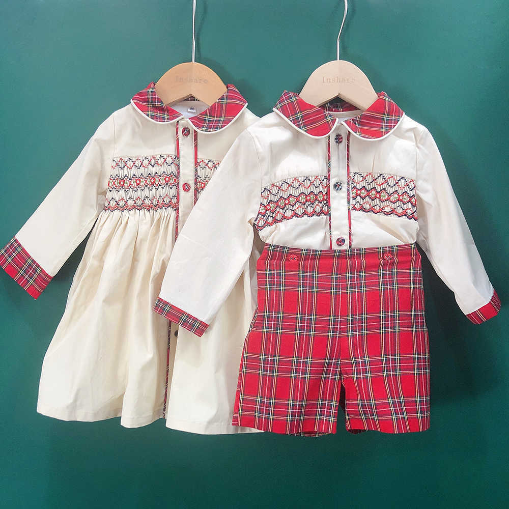 Sets kinderen kerstkleding jongens meisjes hmade smocking set en jurk broers en zussen rood plaid katoen met lange mouwen vakantie outfits