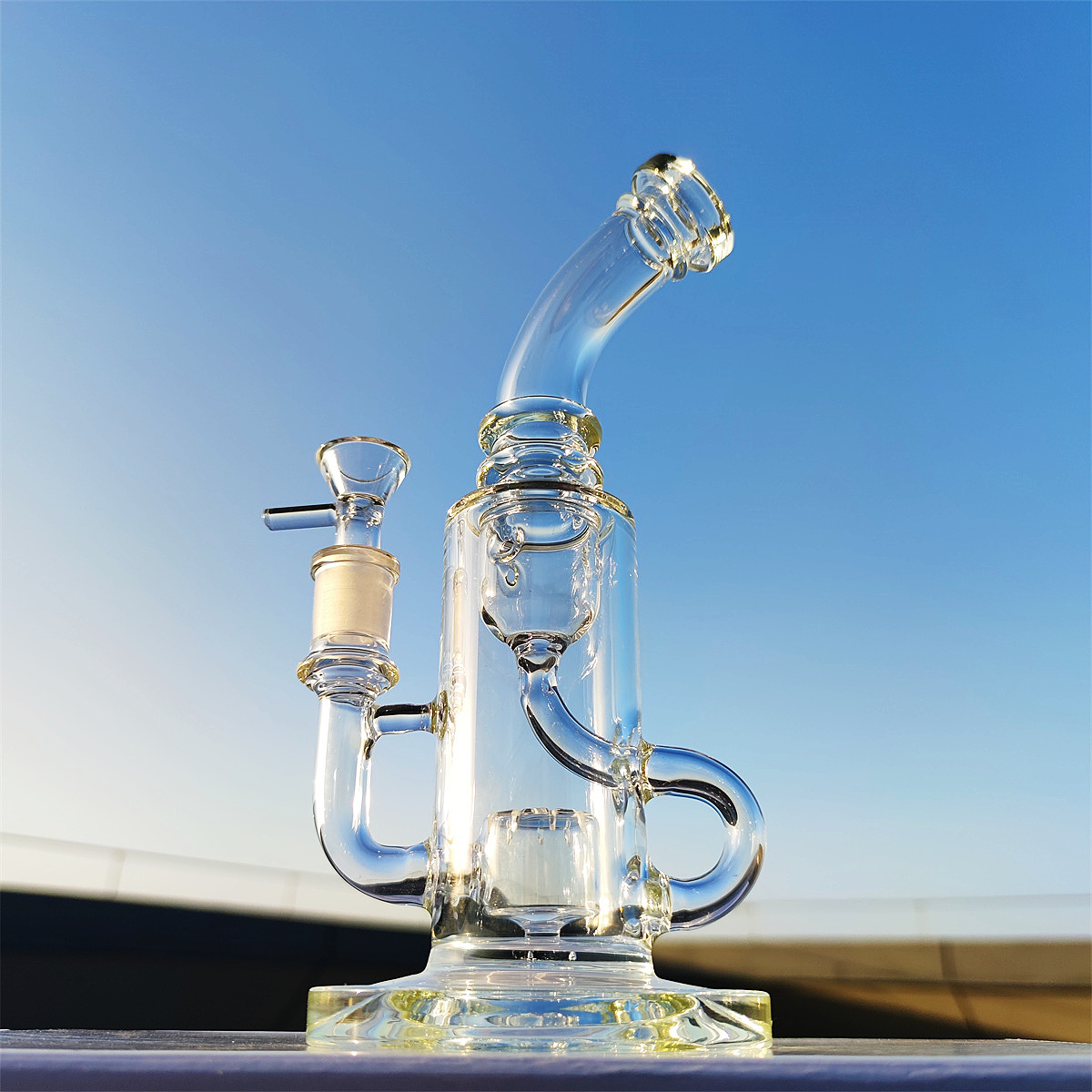 2022 트윈 챔버 Heady bong 두꺼운 투명 9인치 물 담뱃대 유리 봉 Dabber Rig Recycler Incycler 파이프 물 봉 연기 파이프 슬릿 퍽 14.4mm 암 조인트 퍼크