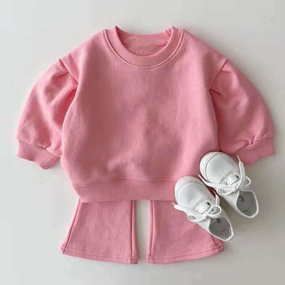 Kledingbeerleider Koreaanse babymeisjes jongen sets lange mouwen ronde kraag snoepkleur sweatshirt laars gesneden broek herfst pasgeboren kleding