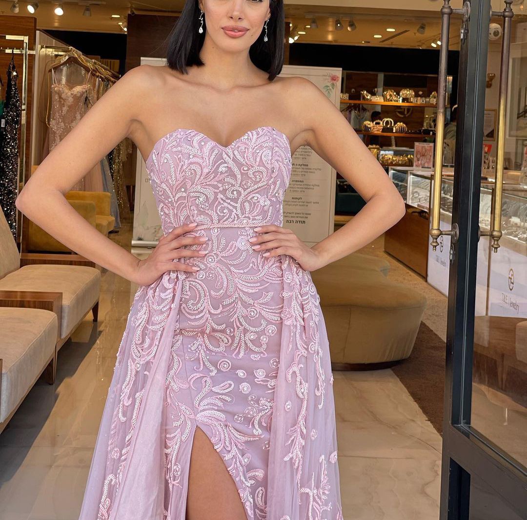 Pink Evening Dresses Sleeveless V Neck Strapless Beaded Appliques Sequins Floor Length Celebrity Side Slit Detachable Train Formal Prom Dresses Gowns Party Dress