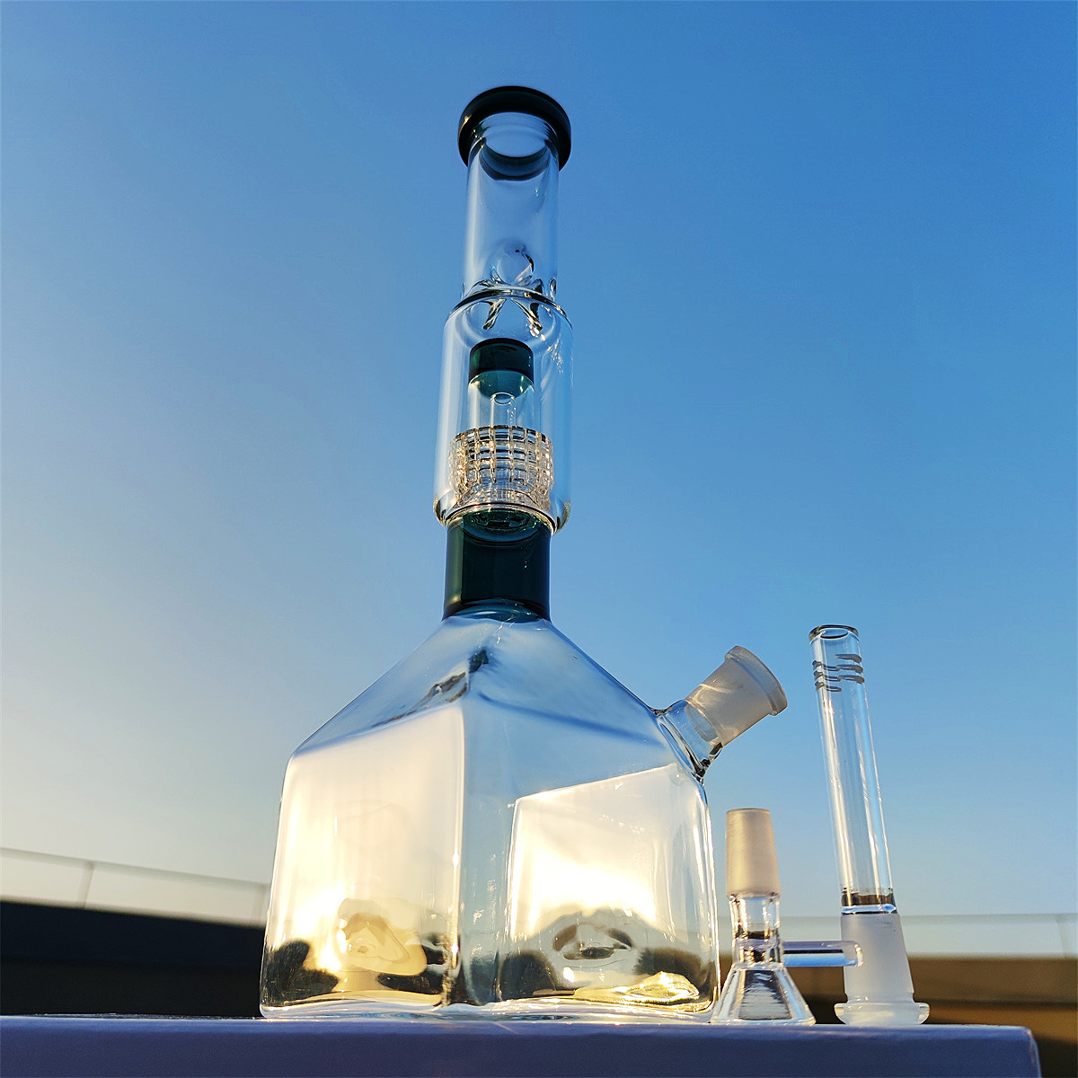 2023 14 pollici Narghilè Heady Bong Glass Dab Rig Clear Pure Blue Cube Base Water Bong Tubi di fumo 14,4 mm Giunto femmina