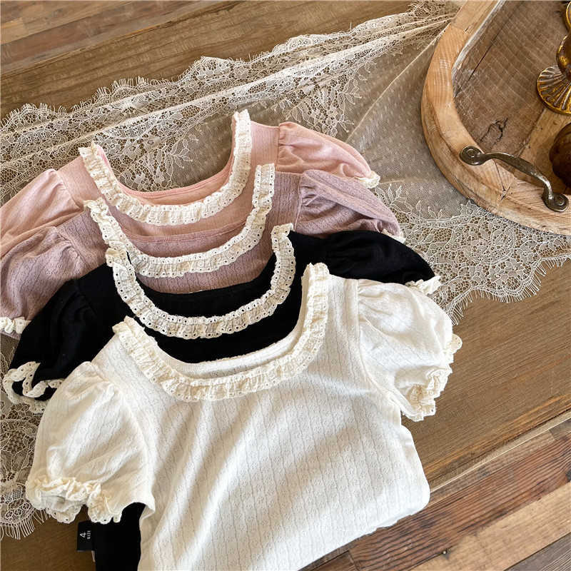 T-shirts deer jonmi 2022 Summer New Korean Style Baby Girls Lace Princess T-shirts Pure Color Soft Cute Tops Children Tees T230209