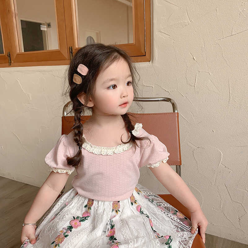 T-shirts deer jonmi 2022 Summer New Korean Style Baby Girls Lace Princess T-shirts Pure Color Soft Cute Tops Children Tees T230209