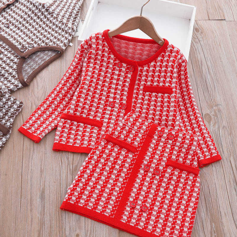 Roupas conjuntos de roupas de malha de malha de malha de natal francês conjunto novo pequeno temperamento grosso vestido twopiece roupas de menina para meninas