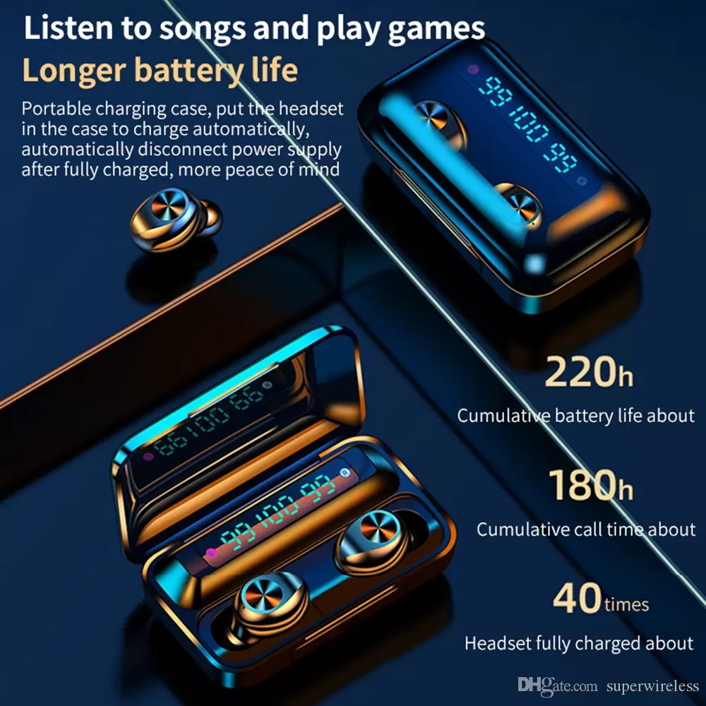 2023 Ny F9-10 TWS trådlös Bluetooth 5.0 Earphones Invisibla hörlurar Stereo Watch LED-brusavbrottsspel med 3 LED-kraftskärm