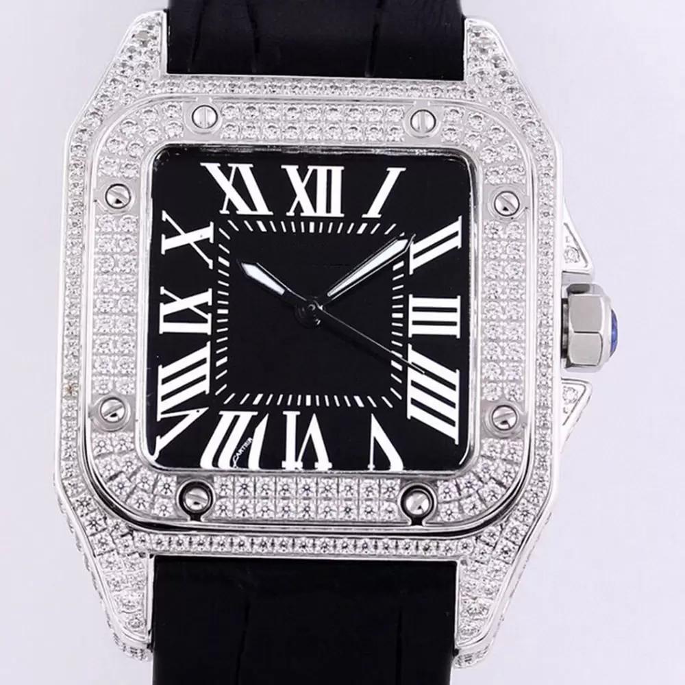 Diamond Automatic 40mm 316 Rostfritt st￥lfodral med Swarovski Rhinestone Waterproof Cowhide Strap