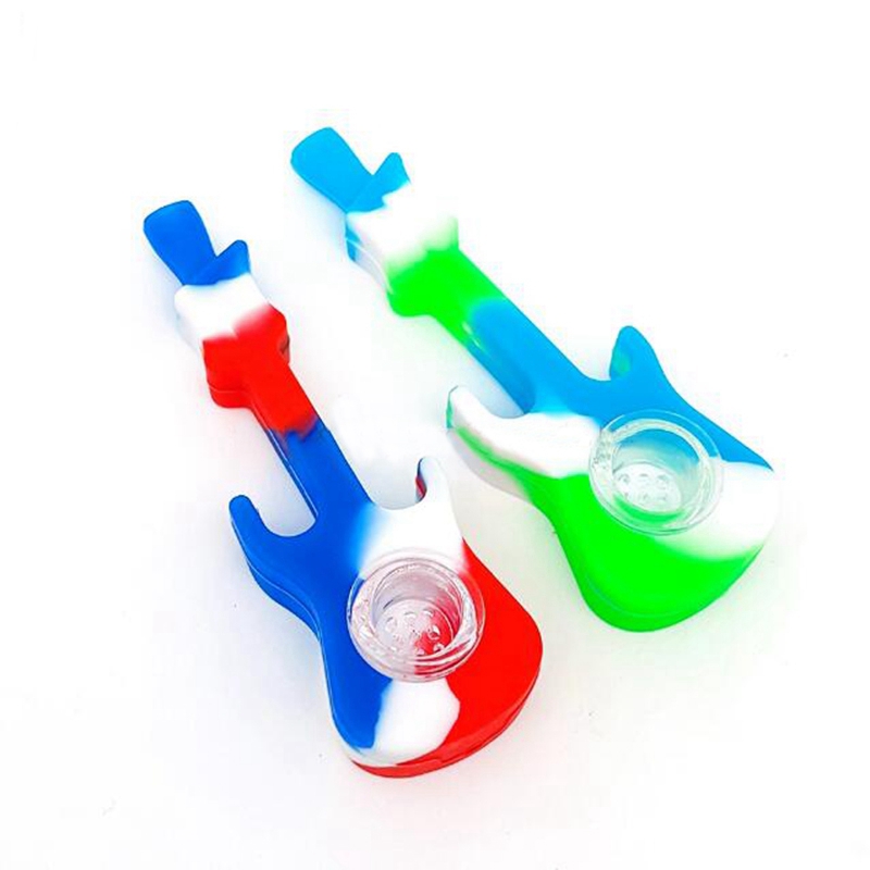 Latest Mini Guitar Style Cool Colorful Silicone Pipes Dry Herb Tobacco Thick Glass Metal Filter Bowl Portable Handpipes Cigarette Holder Hand Smoking Tube