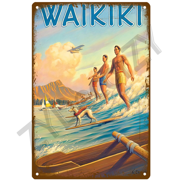 Hawaii Surf Retro Plaque Metal Tin Signes plage Paysage Mur Mur Art Tin Signe Affiches Mur