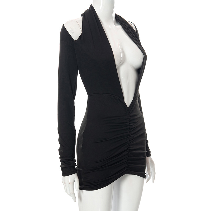 Dames feestjurken sexy diep v nek bodycon halter backless jurk lange mouw ruches hollow out mini clubjurken