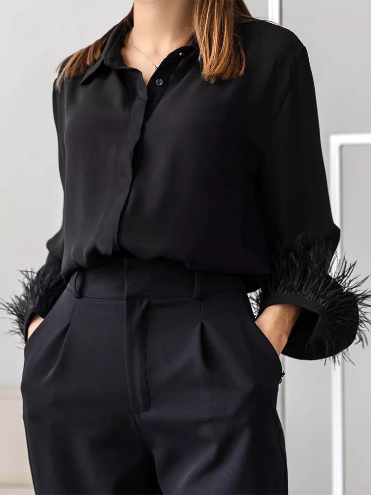Silk Satin Blouse Shirt For Woman 2022 Autumn Winter Women Fashion Elegant Long Sleeve Spliced Feathers Solid Ladies Tops