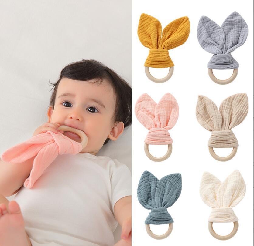 Solid color Bunny Ear Soothers Teether Fabric Wooden Teething Ring With Crinkle Material Shower Gift