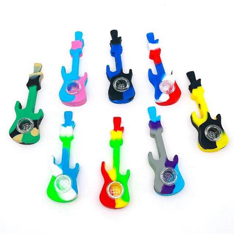 Latest Mini Guitar Style Cool Colorful Silicone Pipes Dry Herb Tobacco Thick Glass Metal Filter Bowl Portable Handpipes Cigarette Holder Hand Smoking Tube