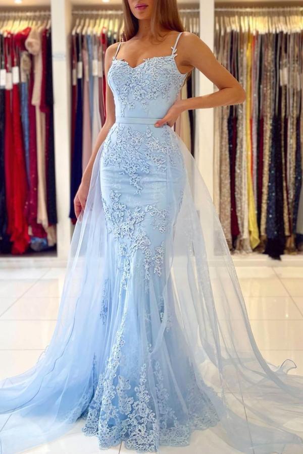 Light Sky Blue Mermaid Vestidos de baile largos para mujeres Black Girls Apliques de encaje con tren desmontable Vestido formal Fiesta de noche Vestidos de cumpleaños por encargo