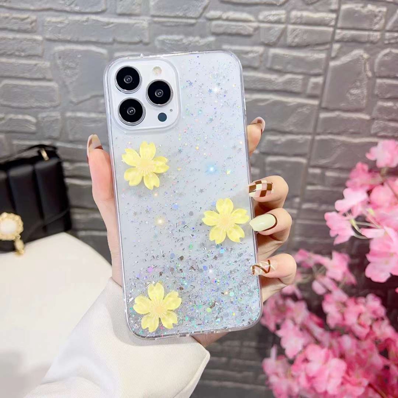 Étuis à paillettes 3D Spring Flower Bling pour iPhone 15 14 Pro Max 13 12 11 XR XS X 8 7 6 Plus Feuille de mode Souple TPU Confettis Paillettes Goutte Colle Étoile Étoilée Couverture de téléphone Peaux arrière