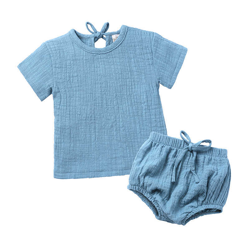 Kläder sätter nyheter baby pojkar flickor kläder bomullslinne set soild färg laceup pullover tshirt shorts med bältes barn kläder m