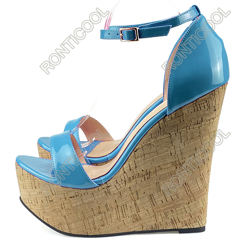 Ronticool 2021 Summer Women Ankle Strap Sandals Patent Sexy Wedges Heel Open Toe Gorgeous Party Shoes Plus Size 35-46