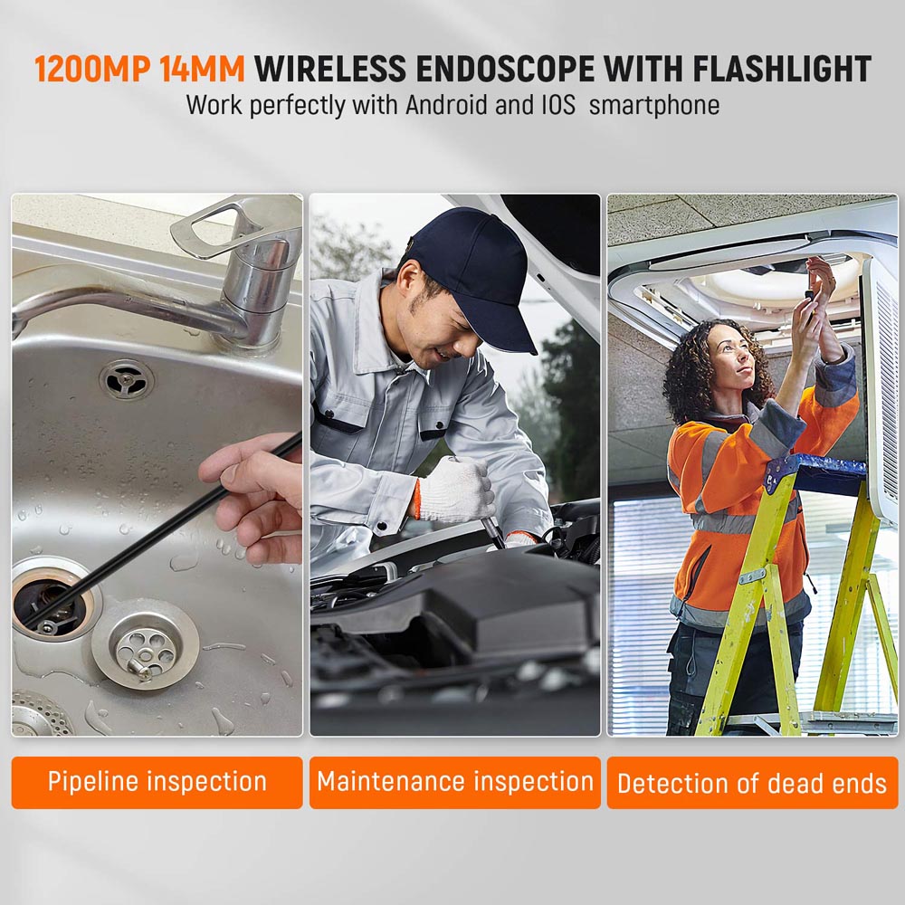 1.5M Cable Length 12MP Wireless Endoscope Auto Focus WiFi Borescope with 5G Fast Chip 12 LEDs and Torchlight Inspection Camera for Android & iPhone & Tablet Cam PQ316