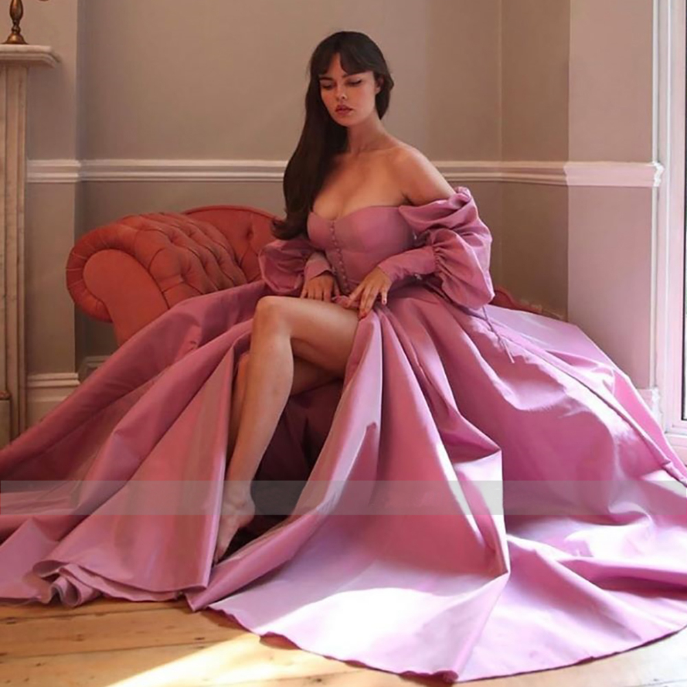 エレガントなピンクのプロムドレスビショップスリーブハイスリットタフタイブニングドレス