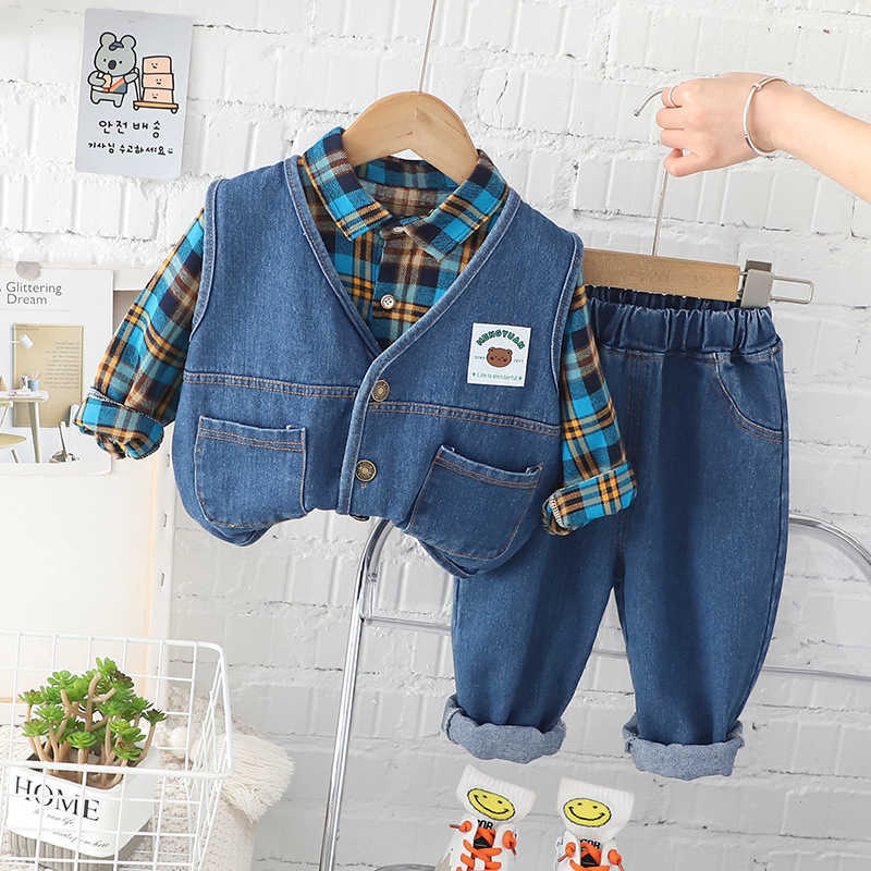 Ensembles de vêtements printemps et automne bébé à manches longues Denim ensemble an garçon gilet chemise à carreaux trois pièces simple vêtements de sport décontractés