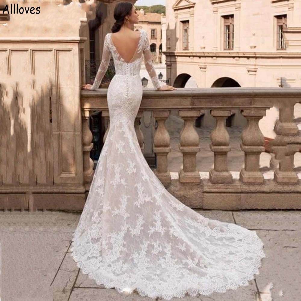 Abiti da sposa a sirena a maniche lunghe a tromba la sposa Collo trasparente aperto sul retro Abiti da sposa sexy Paese Boho Treno lungo Slim e Flare Abiti da sposa Plus Size CL1834