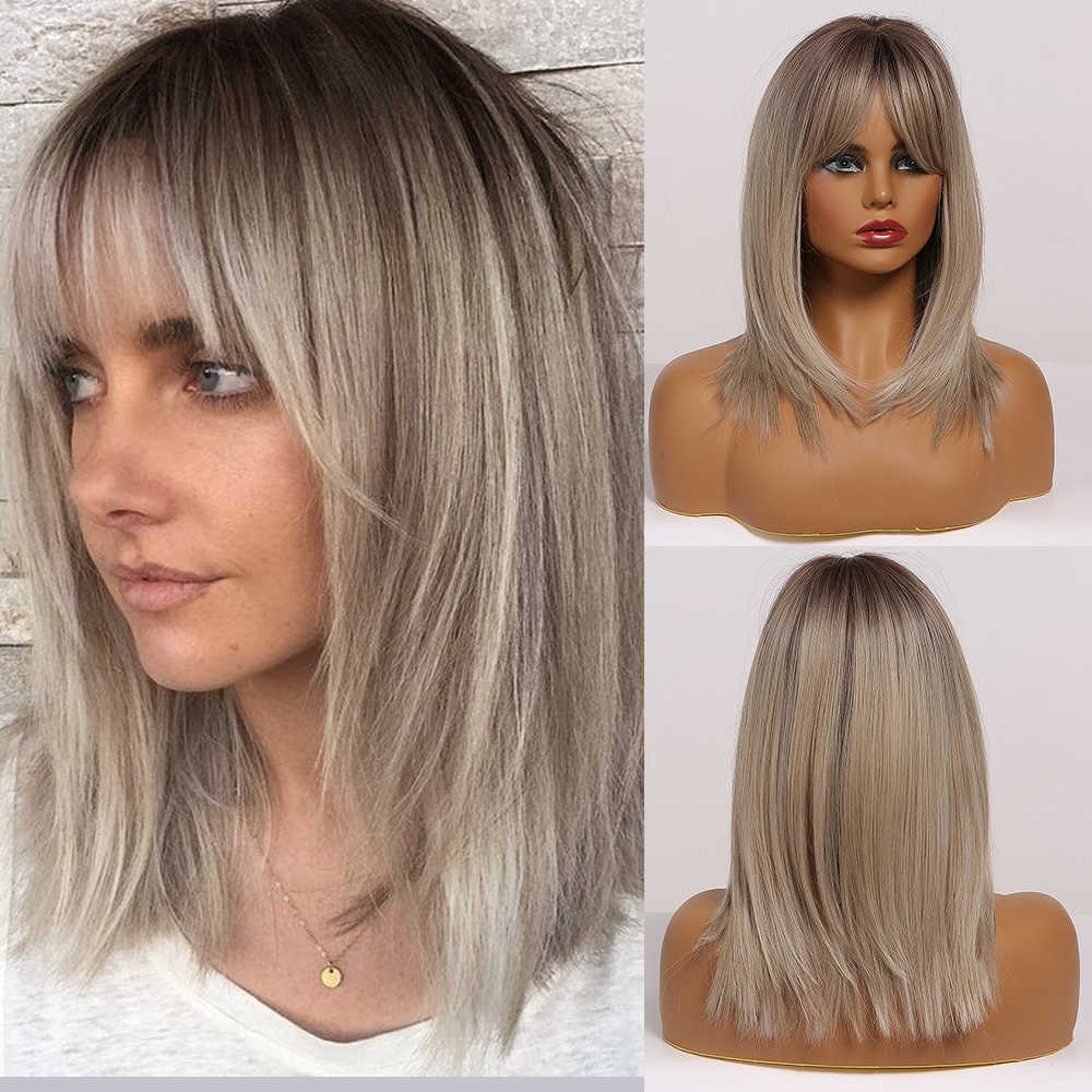 Women Hair Synthetic Medium Length Ombre Brown to Blonde Straight Wigs with Bangs for Cosplay Heat Resistant Natural 0527