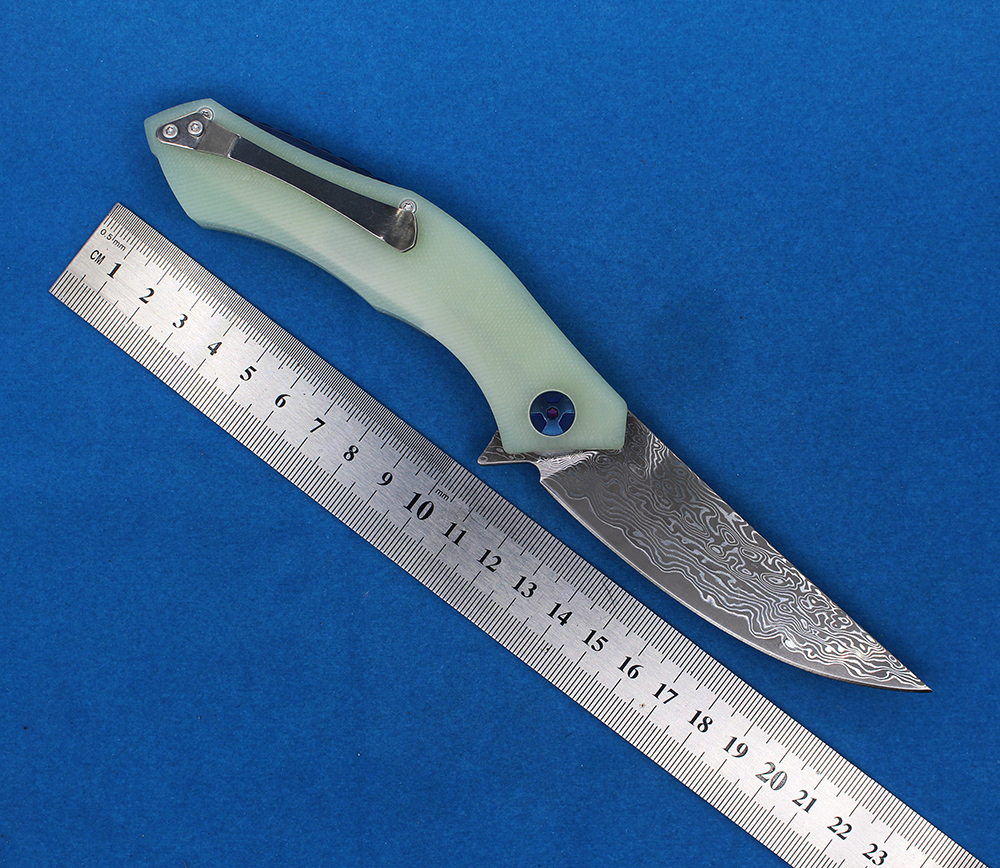 New R2308 Flipper Folding Knife VG10 Damascus Steel Blade Jade G10 Handle Ball Bearing Fast Open EDC Pocket Folder Knives