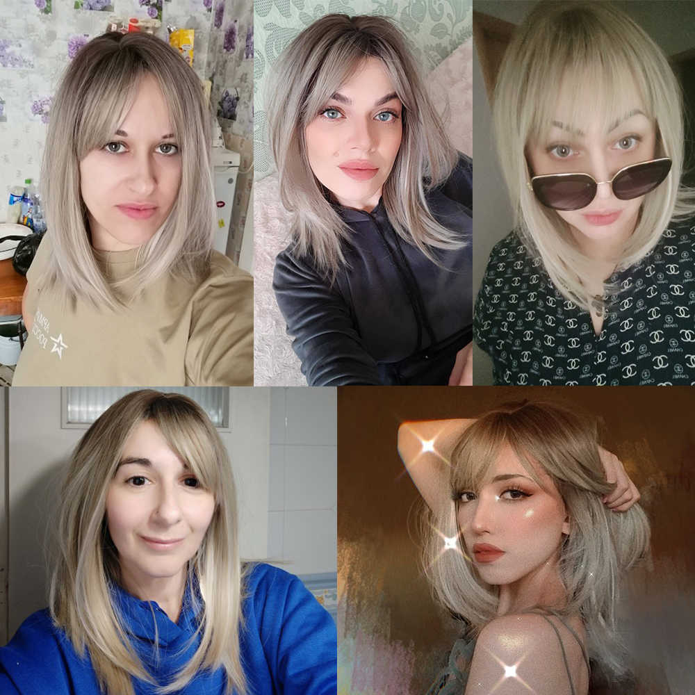 Synthetische mittellange Ombre-Braun- bis Blond-Synthetikperücken für Frauen mit Pony für Cosplay, hitzebeständig, natürlich, 0527