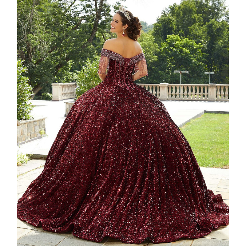 Sparkly Red Quinceanera Dress Ball Gowns Paillettes Nappa Off The Shoulder Sweet 15 16 Girl Birthday Party Prom Dress Vestidos