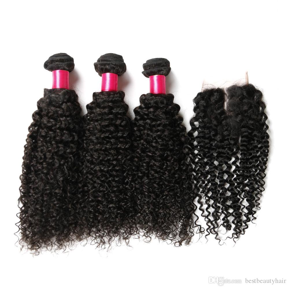 Remy Brazilian Curly Virgin Human Hair Weaves With Top Closure Hair Weft+Lace Closure 4x4 Lace Closure With 3Bundle Deep curly wave