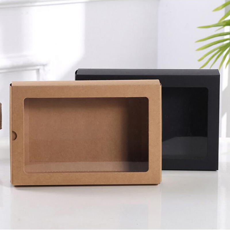 Boîte de tiroir en papier Kraft noir avec fenêtre en PVC emballage de boîtier de téléphone boîte de fenêtre en papier d'emballage cadeau LX5427