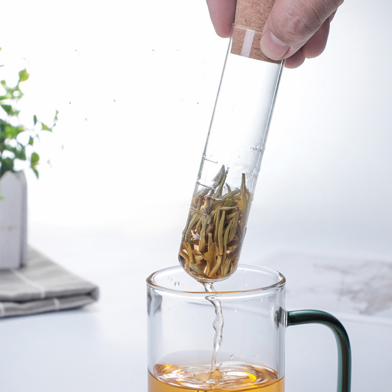 Transparent Glass Tea Strainers Tube Shaped Teas Infuser With Wooden Cork Herbal Spice Strainers Heat-resisting Tea Infuser Tool Coladores De Te En Forma De Tubo