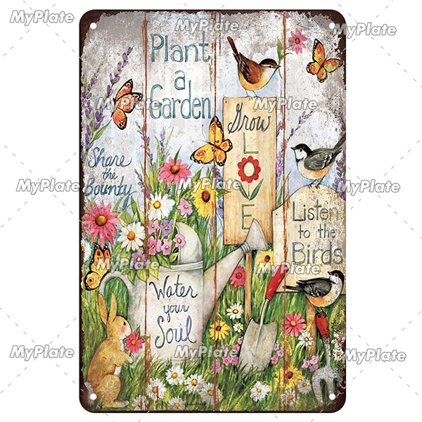 Retro Garden Metal Poster Vintage Plant Flowers Metal Sign Plate Precaución Abejas Cartel de chapa Artesanía de pared Decoración para el hogar Placa de jardín Decoración Regalo para niña 20x30CM w01