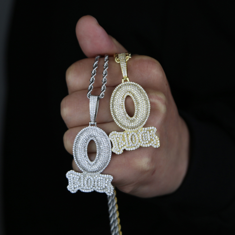 Iced Out Lettre O Bloc Pendentif Bling Cubique Zircone Micro Pave Cz Pavé Hip Hop Hommes Garçon Corde Chaîne Bijoux