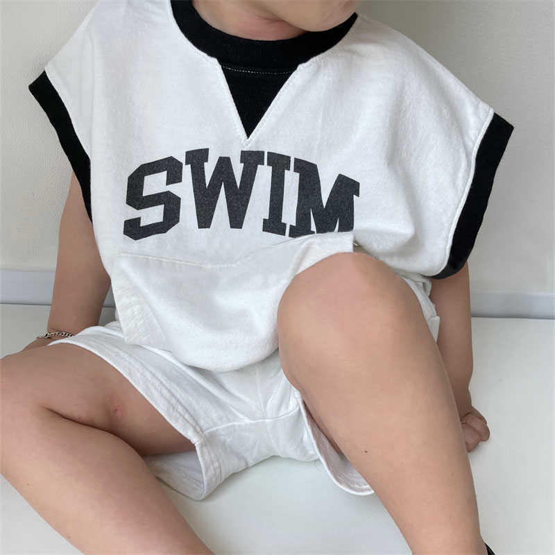 Set di abbigliamento bambini in cotone estivo bambini, ragazzi e ragazze, alla moda, con spalle scoperte, maglietta senza maniche, pantaloncini casual in due pezzi