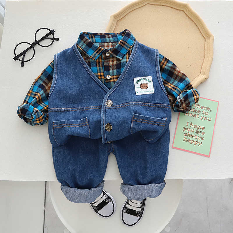 Set di abbigliamento Set di jeans a maniche lunghe bambini primaverili e autunnali Camicia a quadri da ragazzo di età compresa tra tre pezzi Abbigliamento sportivo casual semplice