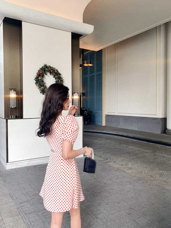 Casual Dresses Designer High-end Spring and Summer 22 polka dots printed bow decorative bubble short sleeve dress 88IZ