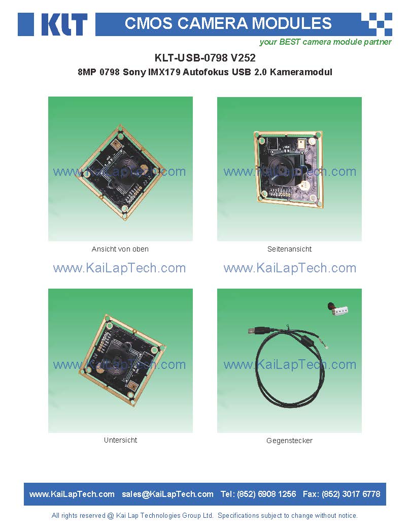 KLT-USB-0798 V252 전문 비디오 장비 8MP 0798 IMX179 AUTOFOKUS USB 2.0 KAMERAMODUL