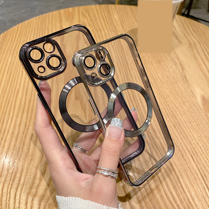 Magnetic Phone Cases For Iphone 15 Plus 14 Pro MAX 13 12 11 Bling Camera Lens Protector Soft Chromed Plating TPU Clear Shockproof Hit Color Fine Hole Magnet Phone Skin